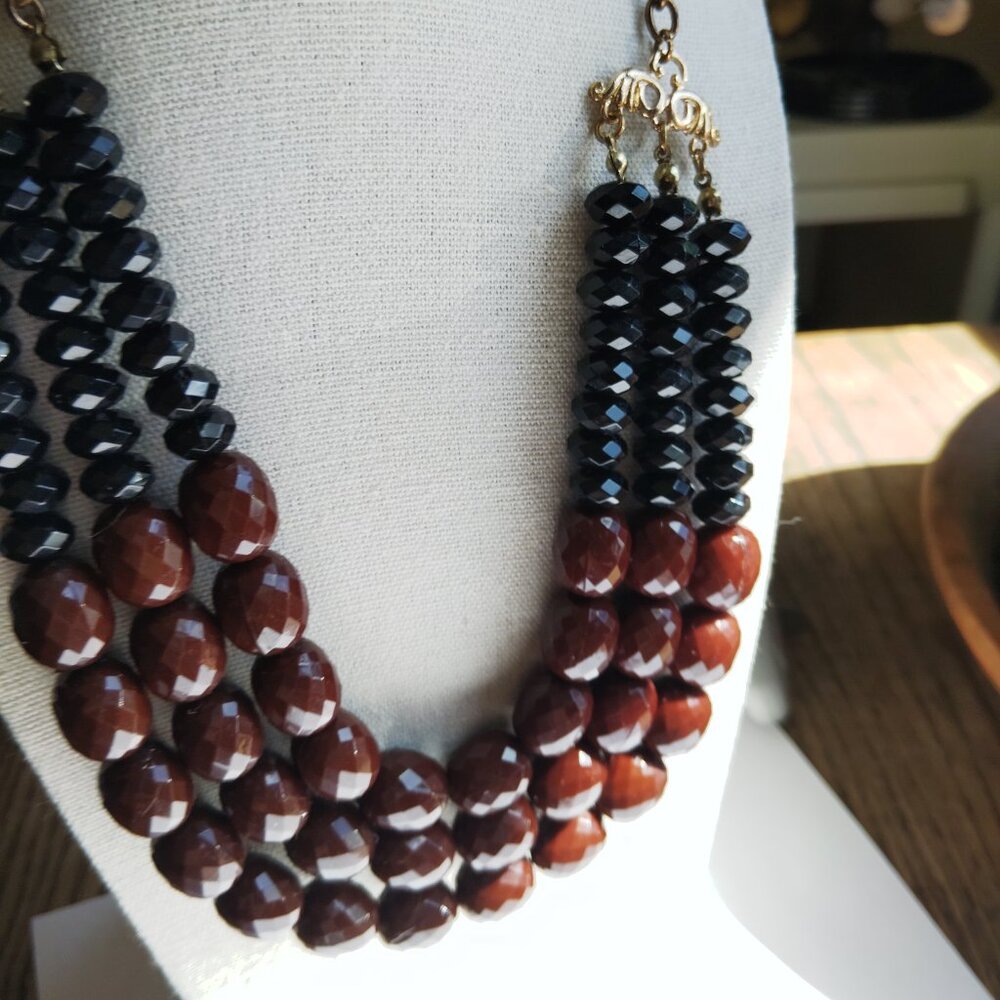 Vintage Faceted Brown & Black Acrylic Bead Necklace, 3-Strand Gold-Tone Chain